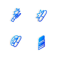 Set Isometric line Medical pills with marijuana, Marijuana or cannabis leaf, Herbal ecstasy tablets and bottle icon. Vector.