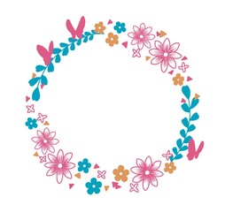 ナチュラルな花と蝶々のフレーム・リースのイラスト