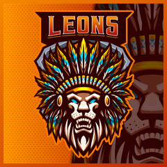 Lion Indian mascot esport logo design illustrations vector template, Chief Apache logo for team game streamer youtuber banner twitch discord