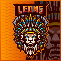 Obraz premium Lion Indian mascot esport logo design illustrations vector template, Chief Apache logo for team game streamer youtuber banner twitch discord