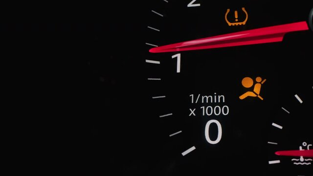 Tachometer shows rpm. Close up  display engine revolutions per second. Moving arrow