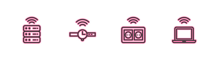 Set line Smart server, electrical outlet, Smartwatch and Wireless laptop icon. Vector.