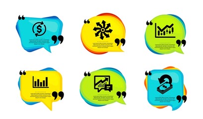 Financial diagram, Usd exchange and Column chart icons simple set. Speech bubble with quotes. Accounting, Versatile and Cashback signs. Candlestick chart, Currency rate, Financial graph. Vector