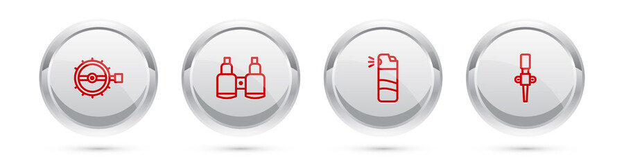 Set line Trap hunting, Binoculars, Pepper spray and Torch flame. Silver circle button. Vector.