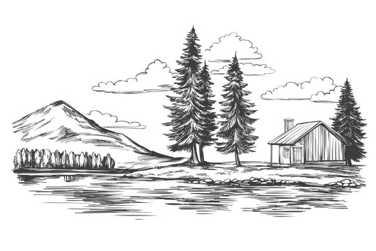 lake, summer landscape, house in the fores, landscape, hand drawn vector illustration realistic sketch