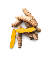 Indian turmeric root. Turmeric spice. Yellow turmeric on white background.