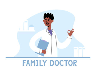 Vector illustration of family doctor showing ok on interior background