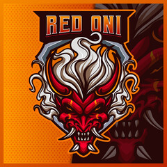 Devil Oni mascot esport logo design illustrations vector template, Samurai logo for team game streamer youtuber banner twitch discord © FNR Graphics
