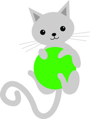 Cute cat plays with a green ball. Vector illustration isolated on white background.