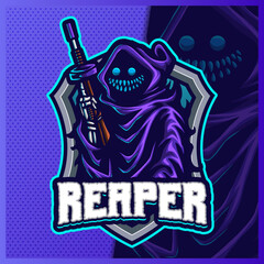 Sniper Grim Reaper Hood mascot esport logo design illustrations vector template, Devil Shooter logo for team game streamer youtuber banner twitch discord