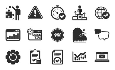 Business podium, Recovery gear and Piano icons simple set. E-mail, Marketing statistics and Quick tips signs. Accounting checklist, Financial diagram and Fast verification symbols. Vector