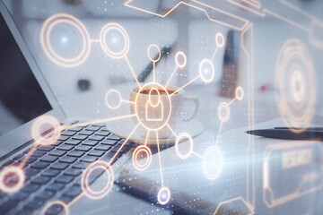 Double exposure of social network drawing and desktop with coffee and items on table background. Concept of international connection.