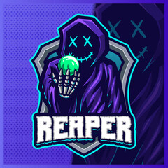 Grim Reaper Hood mascot esport logo design illustrations vector template, Devil Shooter logo for team game streamer youtuber banner twitch discord