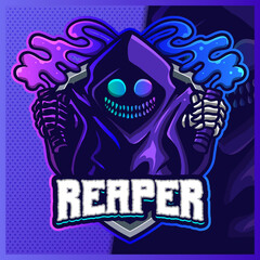 Grim Reaper Hood mascot esport logo design illustrations vector template, Devil with flare logo for team game streamer youtuber banner twitch discord
