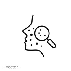 acne on skin face icon, pimple inflammation, dermatology or skincare, block pores problem, clean dermis, wrinkle mask, thin line symbol on white background - editable stroke vector illustration