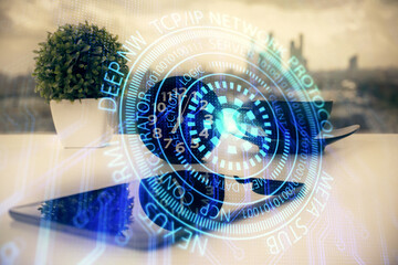 Double exposure of data theme drawing and mobile phone background. Concept of innovation