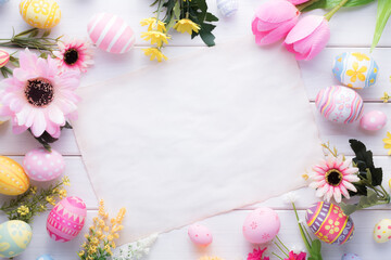 Happy Easter day colorful eggs and flower decoration on wood background with copy space