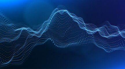 Dynamic blue particle wave. Abstract sound visualization. Flow digital structure. Mesh landscape or grid data technology.
