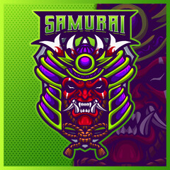 Samurai Oni mascot esport logo design illustrations vector template, Devil Ninja Mask logo for team game streamer youtuber banner twitch discord