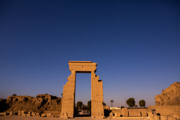 Dendera Temple complex in Egypt. Hieroglypic carvings on wall at the ancient egyptian temple.