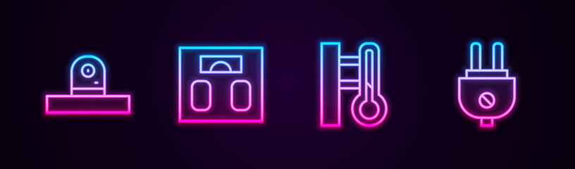 Set line Security camera, Bathroom scales, Meteorology thermometer and Electric plug. Glowing neon icon. Vector.