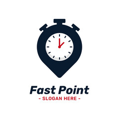 Fast point logo design template. Pin marker icon with timer combination. Symbol concept of delivery, courier, express, moving, transport, automotive, etc.