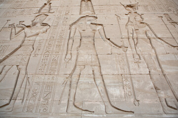 Dendera Temple complex in Egypt. Hieroglypic carvings on wall at the ancient egyptian temple.