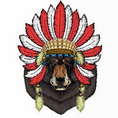Bear wild animal face. Grizzly cute brown bear head portrait. Animal wearing indian headdress. Tribal illustration