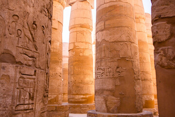 Dendera Temple complex in Egypt. Hieroglypic carvings on wall at the ancient egyptian temple.