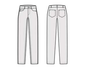 Skinny Jeans Denim pants technical fashion illustration with full length, low waist, rise, curved, coin, angled 5 pockets, Rivets. Flat bottom template front, back grey color style. Women, CAD mockup