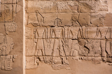 Fototapeta na wymiar Dendera Temple complex in Egypt. Hieroglypic carvings on wall at the ancient egyptian temple.