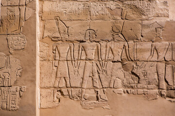 Dendera Temple complex in Egypt. Hieroglypic carvings on wall at the ancient egyptian temple.