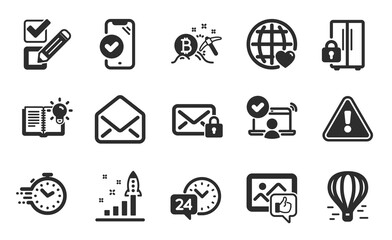 Bitcoin mining, Like photo and Checkbox icons simple set. Secure mail, Mail and 24h service signs. Development plan, International love and Online access symbols. Flat icons set. Vector