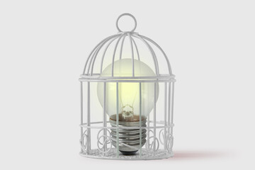 Light bulb in bird cage on white background - Concept of mind and freedom