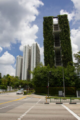 Fototapeta na wymiar Vertical image with the view at the street at Singapore with tall buildings in green leaves and grass, blue sky with clouds, modern city of the future.