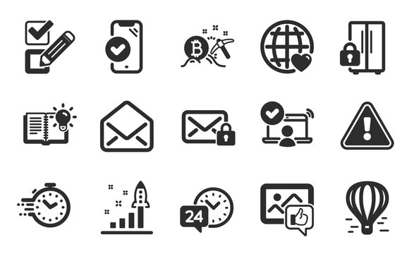 Bitcoin mining, Like photo and Checkbox icons simple set. Secure mail, Mail and 24h service signs. Development plan, International love and Online access symbols. Flat icons set. Vector