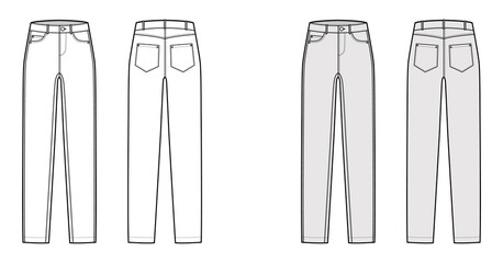 Skinny Jeans Denim pants technical fashion illustration with full length, normal waist, high rise, angled 5 pockets, Rivets. Flat bottom template front, back, white grey color style. Men CAD mockup