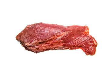 Steak flanchet (flan steak) of raw marbled beef lies on a white background. Isolated