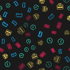 Set line Digital alarm clock, Clock, on monitor and AM on seamless pattern. Vector.