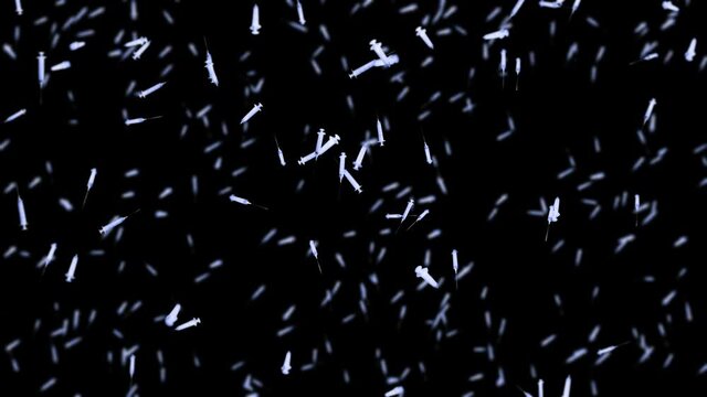 Flying many syringes for injection on black background. Medical concept. Vaccine against the virus. Healthcare therapy. 3D loop animation.