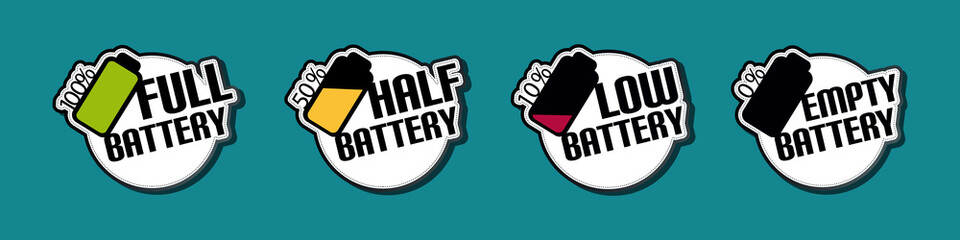 Battery Status Full Half Low Empty Stickers - Colorful Vector Illustration - Isolated On Monochrome Background
