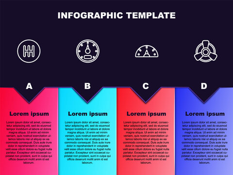 Set Line Gear Shifter, Speedometer, And Car Motor Ventilator. Business Infographic Template. Vector.