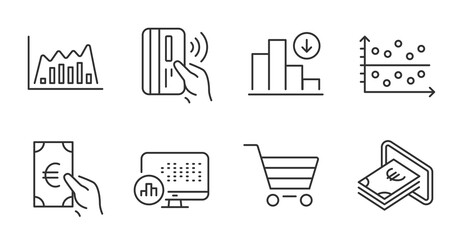 Market sale, Contactless payment and Report statistics line icons set. Infographic graph, Finance and Dot plot signs. Cash, Decreasing graph symbols. Quality line icons. Market sale badge. Vector