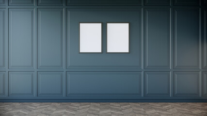 Blank picture frame mock up on green wall. room interior, 3d rendering