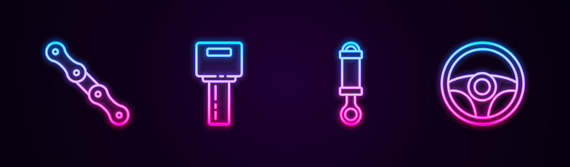 Set line Car chain, key with remote, Shock absorber and Steering wheel. Glowing neon icon. Vector.