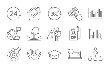 Interview documents, 24 hours and Diagram graph line icons set. Recovery laptop, Targeting and Cogwheel settings signs. Elastic, Safe time and Graduation cap symbols. Line icons set. Vector