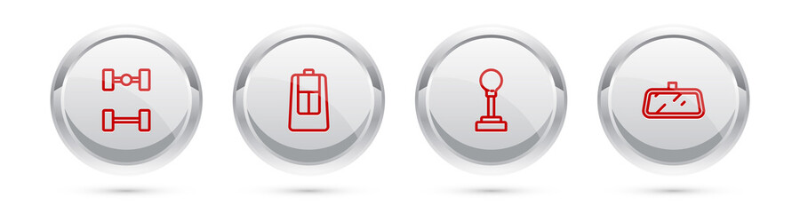 Set line Chassis car, Car key with remote, Gear shifter and mirror. Silver circle button. Vector.