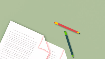 pen and paper on bright colour background.