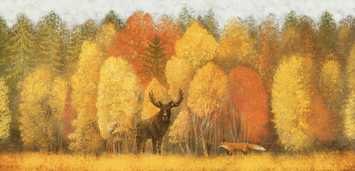 An autumn forest with a deer and a fox among the trees. Digital painting. - 415748337