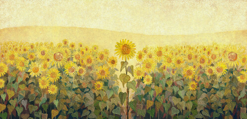 A field of sunflowers. Oil painting texture. - obrazy, fototapety, plakaty